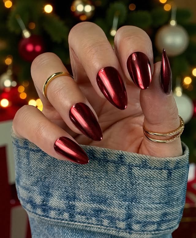 17. Deep Cherry Chrome Stiletto Nails - red chrome nail ideas