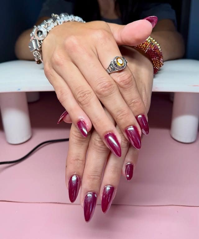 18. Burgundy Chrome Stiletto Glam - red chrome nail ideas