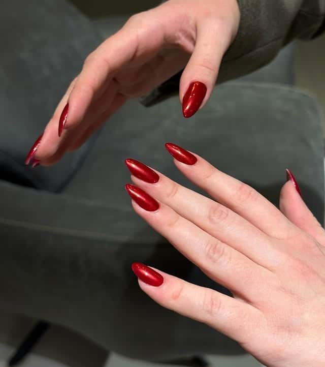 22. Classic Red Chrome Almond Nails - red chrome nail ideas