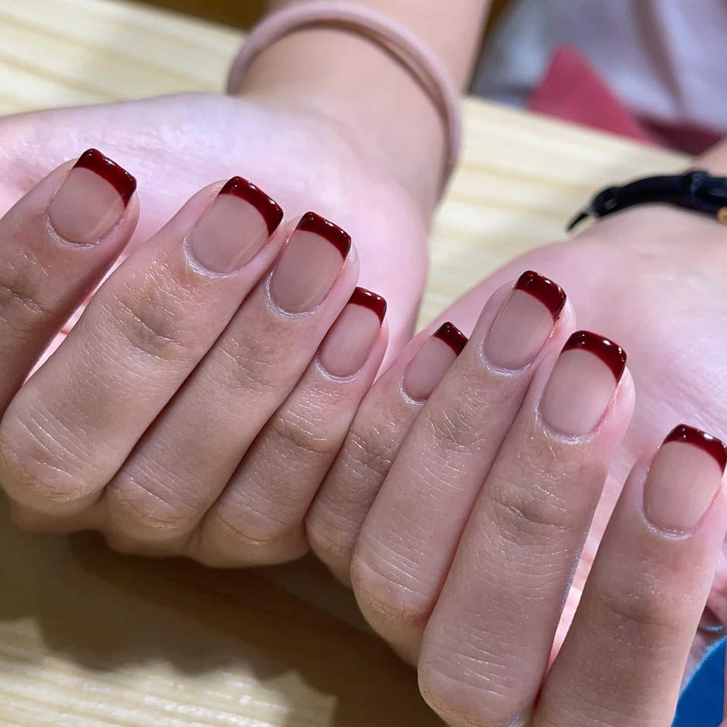 4. Deep Red Square French Nails - red french nail ideas