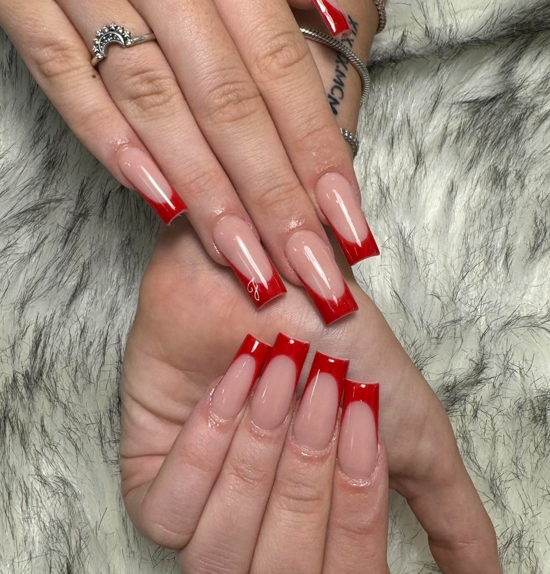 10. Long Square Red French Acrylics - red french nail ideas
