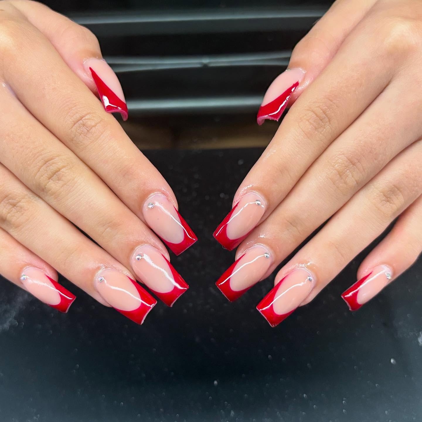 11. Sculpted Red French With Crystal Accents - red french nail ideas