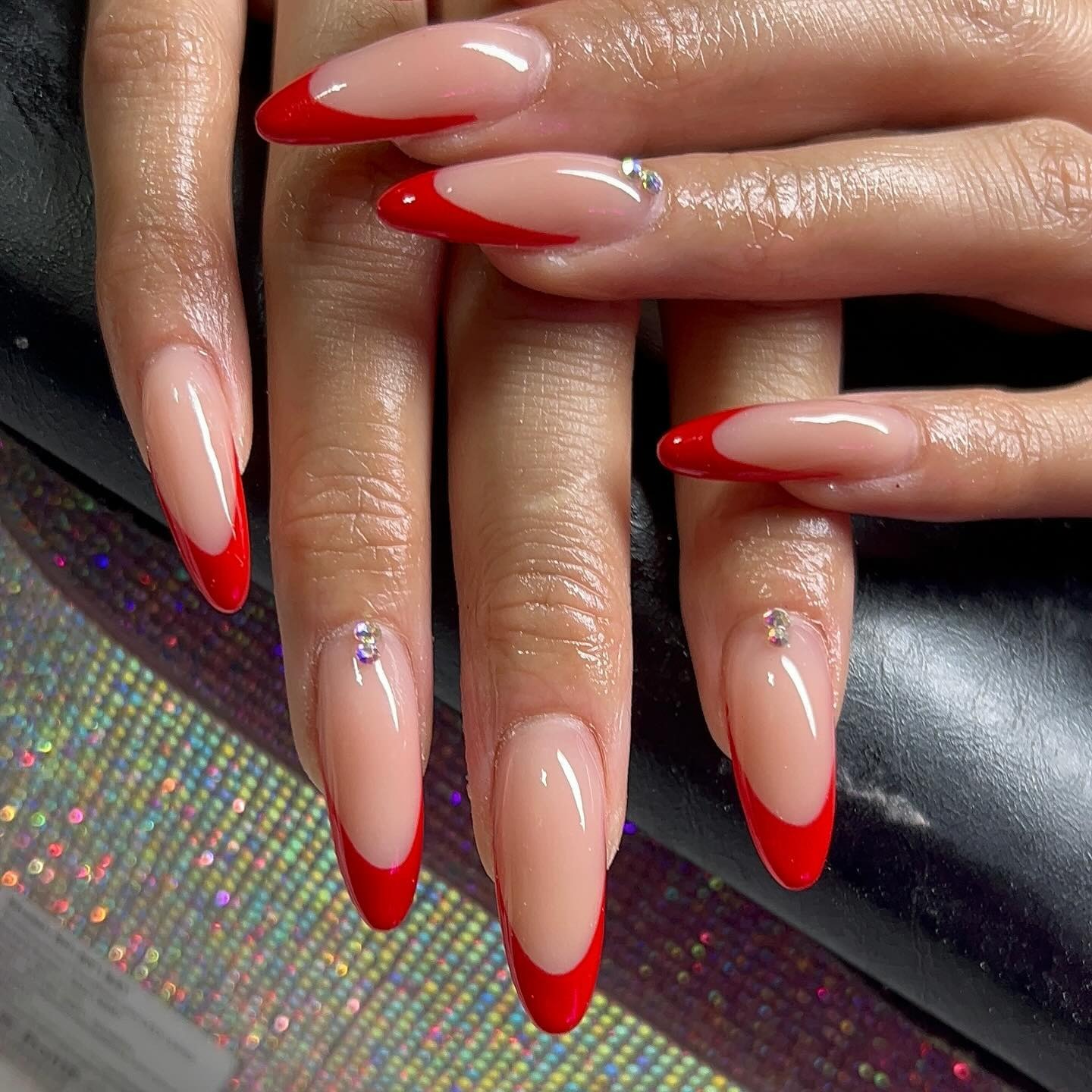 14. Sharp Red French With Rhinestone Highlights - red french nail ideas