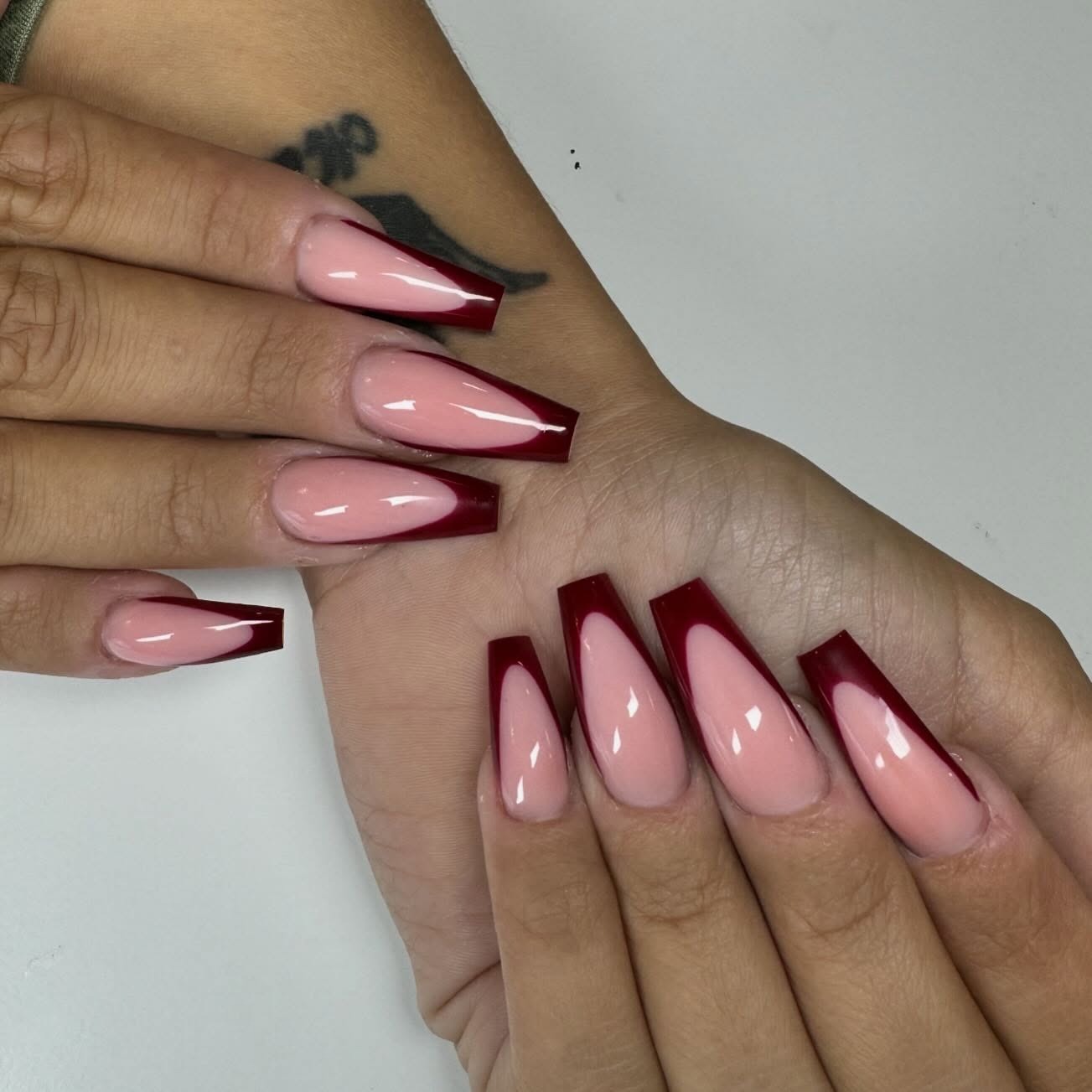 15. Deep Red Coffin French Nails - red french nail ideas