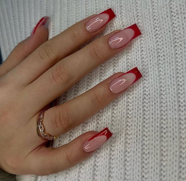 16. Short Square Red French Manicure - red french nail ideas