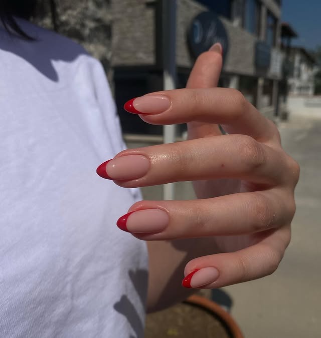 18. Natural Red French With Minimal Styling - red french nail ideas