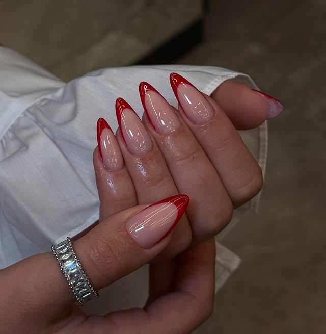 20. Classic Red French With Clean Contours - red french nail ideas