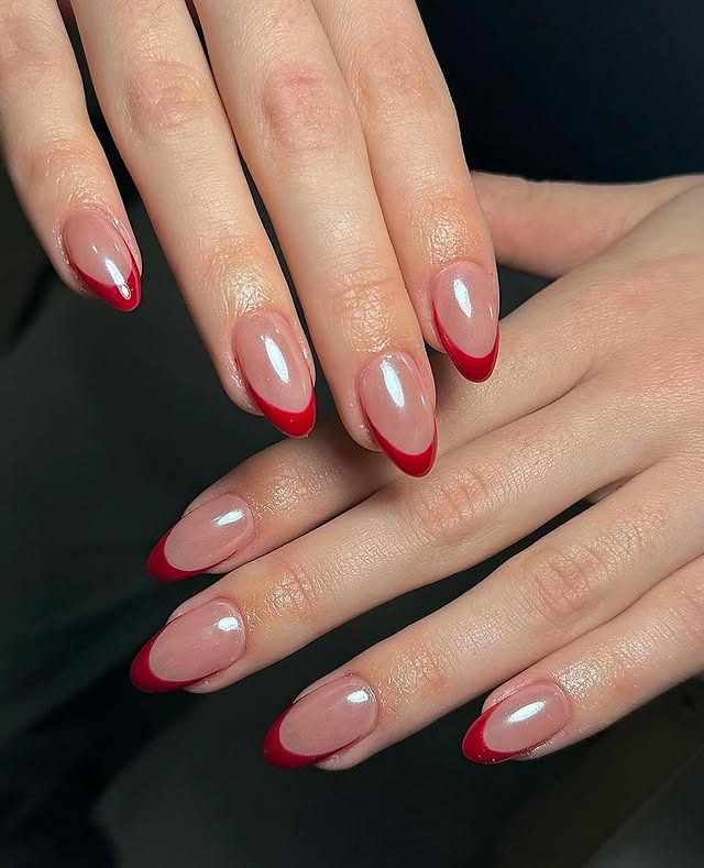 21. Soft Almond Red French Manicure - red french nail ideas