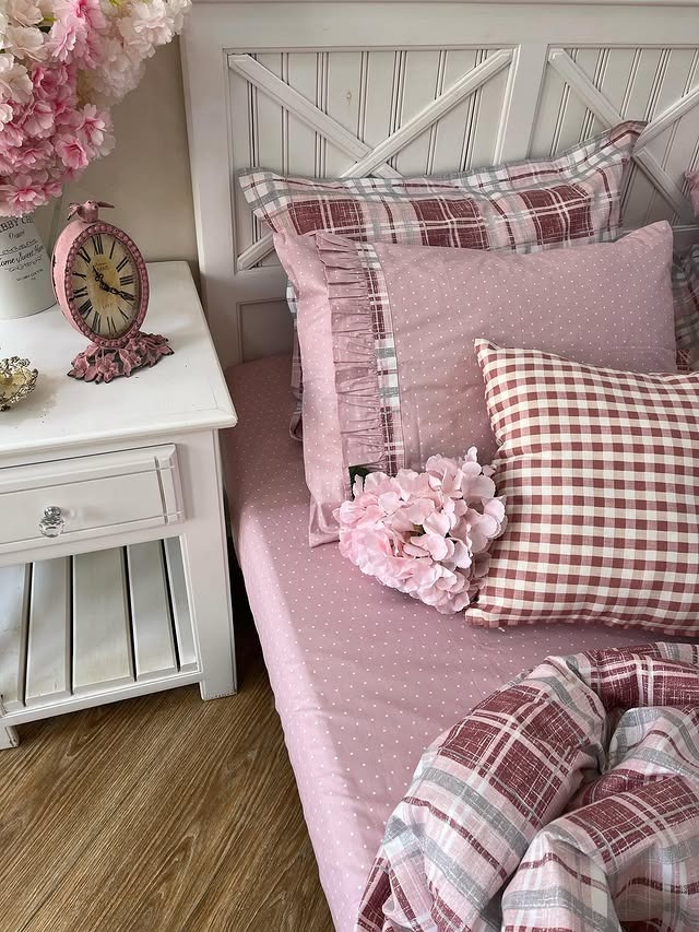 2. Romantic Pink Gingham Bedding with Classic Gray Woodwork - pink and gray bedroom ideas