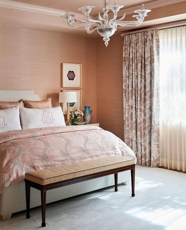 3. Elegant Blush and Gray Bedroom with Tailored Drapery - pink and gray bedroom ideas