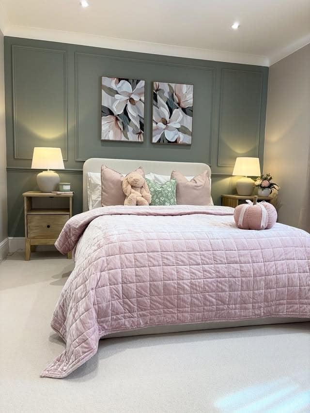 4. Modern Pink Quilt Bedroom with Muted Gray Walls - pink and gray bedroom ideas