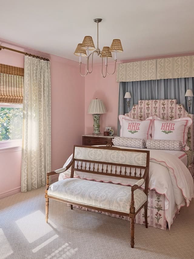 6. Traditional Pink and Gray Bedroom with Patterned Textiles - pink and gray bedroom ideas