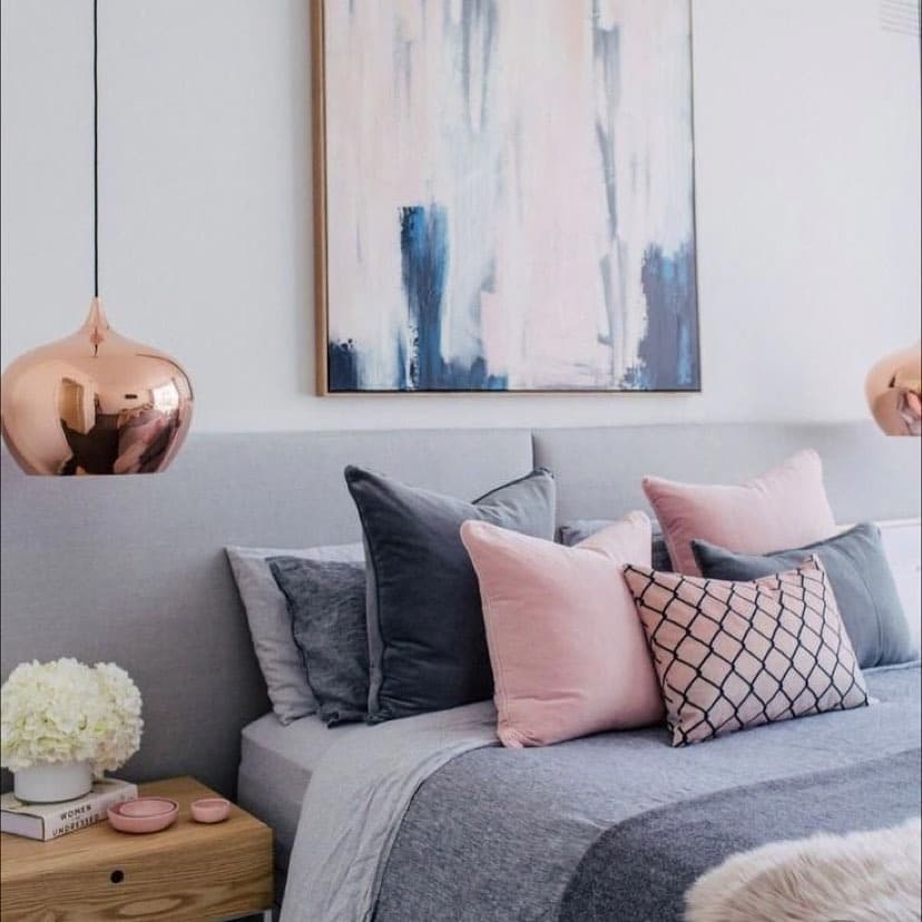 10. Modern Gray Bedroom with Soft Pink Highlights - pink and gray bedroom ideas