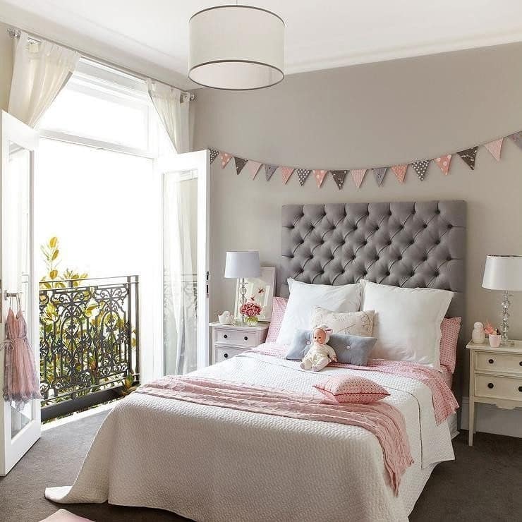 13. Blush and Gray Bedroom with Tufted Headboard - pink and gray bedroom ideas