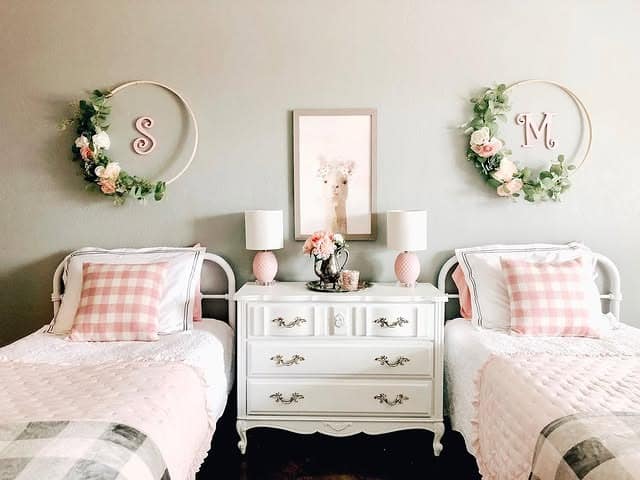 15. Twin Pink and Gray Bedroom with Coordinated Styling - pink and gray bedroom ideas