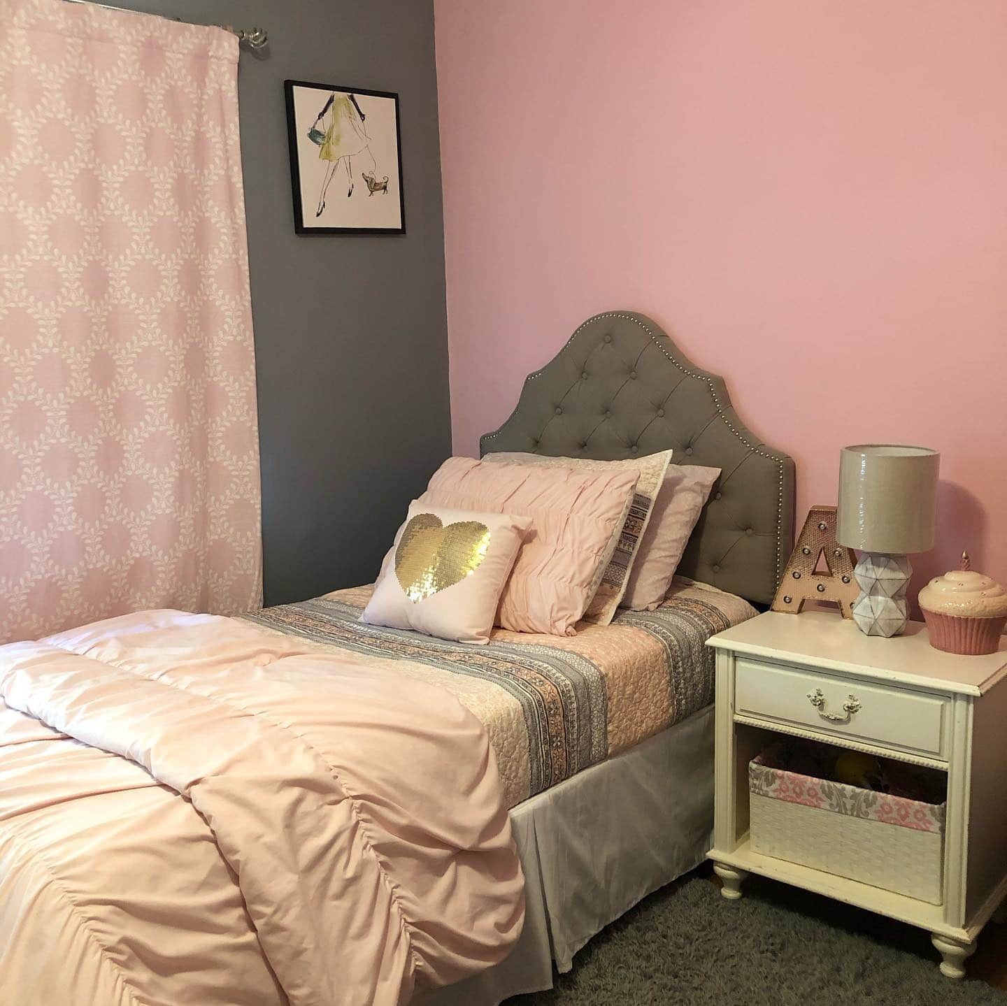 17. Two-Tone Pink and Gray Bedroom with Upholstered Headboard - pink and gray bedroom ideas