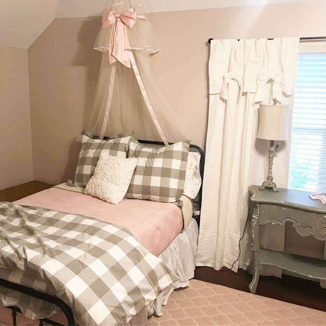 18. Farmhouse-Inspired Pink and Gray Bedroom with Gingham Bedding - pink and gray bedroom ideas