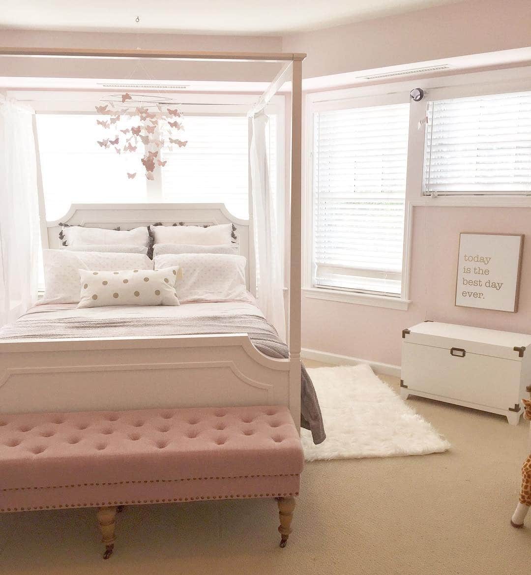 19. Light Pink and Gray Bedroom with Canopy Bed - pink and gray bedroom ideas