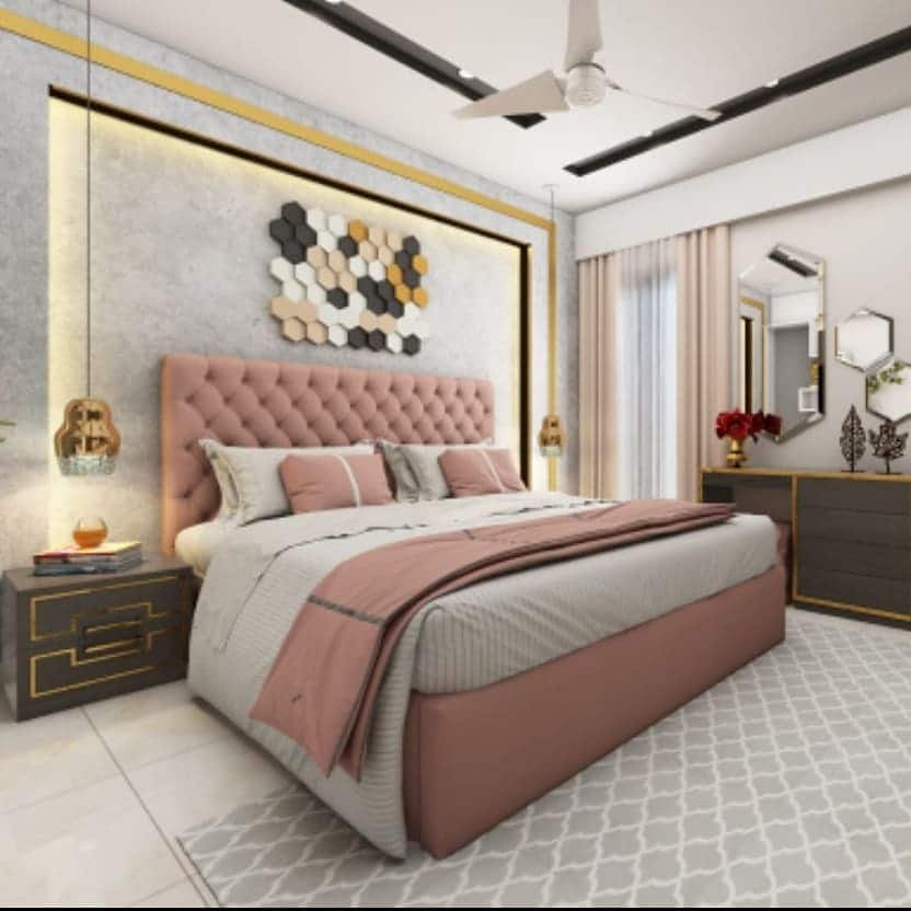 20. Contemporary Pink and Gray Bedroom with Gold Accents - pink and gray bedroom ideas