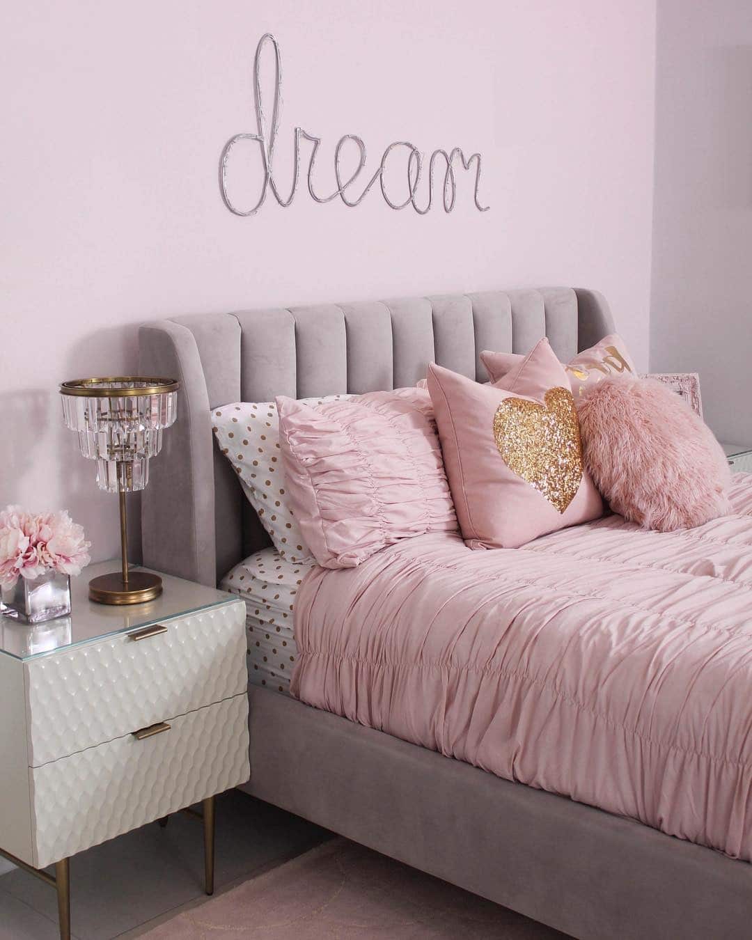 21. Blush and Soft Gray Bedroom with Glam Accents - pink and gray bedroom ideas