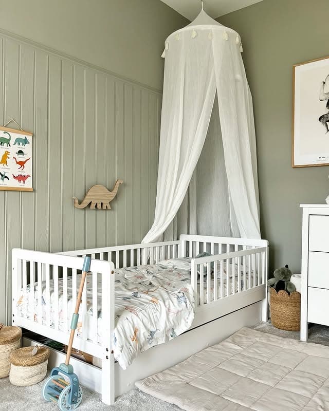 7. Calm Toddler Bedroom with Canopy in Sage Green and White - childrens bedroom ideas