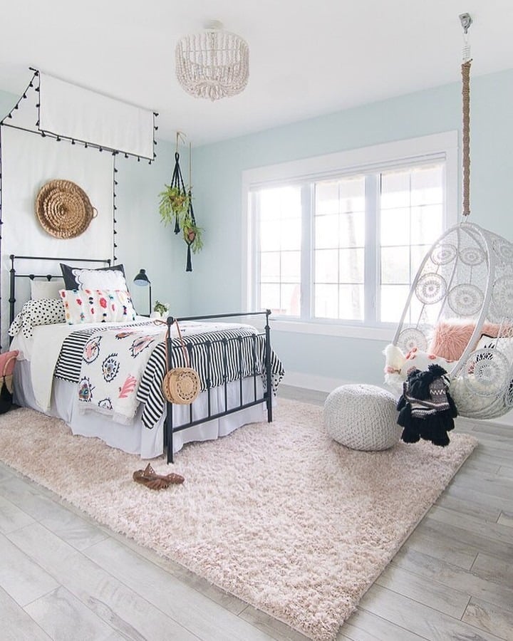8. Bright Boho Kids Bedroom in Light Blue and Natural Textures - childrens bedroom ideas