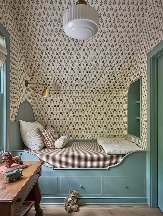 10. Built-In Daybed Bedroom Idea in Dusty Blue and Cream - childrens bedroom ideas