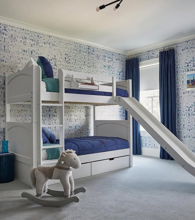 12. Blue Bunk Bed Bedroom Idea with Floral Wallpaper - childrens bedroom ideas