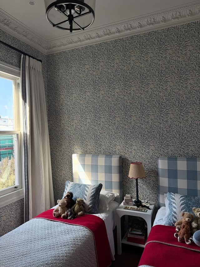 14. Traditional Twin Bedroom in Blue, Red, and Soft Grey - childrens bedroom ideas