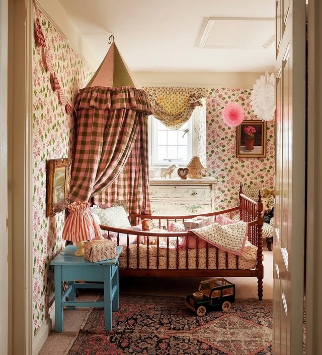 16. Vintage Inspired Children’s Bedroom in Pink and Soft Green - childrens bedroom ideas