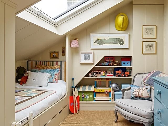 17. Attic Play and Sleep Bedroom in Cream and Muted Blue - childrens bedroom ideas