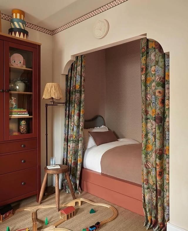 18. Alcove Bed Kids Bedroom in Terracotta and Floral Prints - childrens bedroom ideas