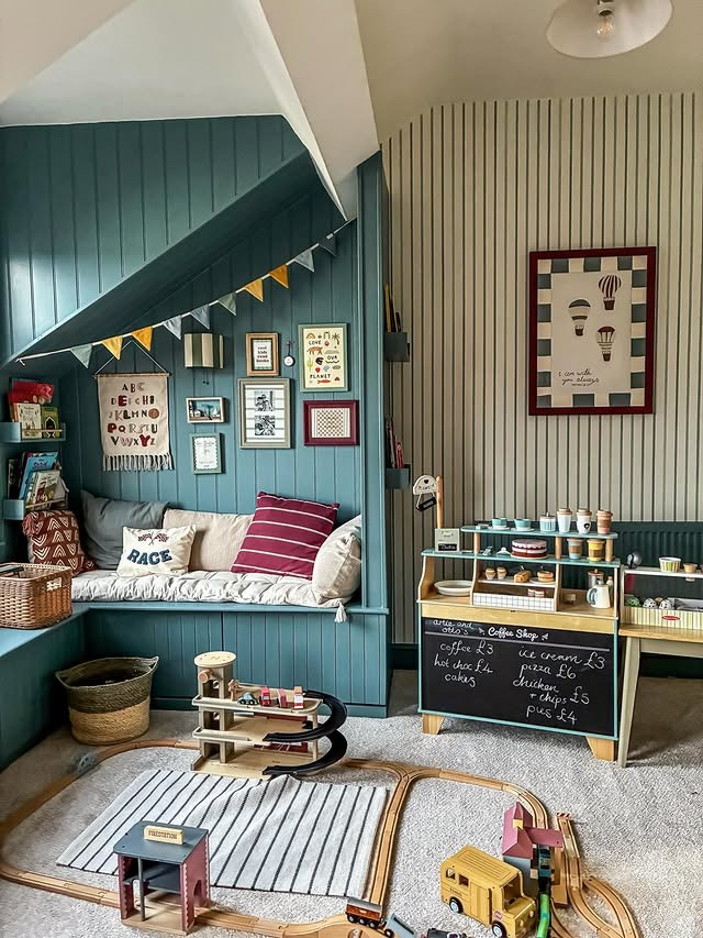 19. Creative Playroom Bedroom with Teal Paneling and Soft Neutrals - childrens bedroom ideas