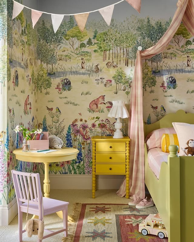 21. Storybook Children’s Bedroom with Woodland Wallpaper and Soft Green - childrens bedroom ideas