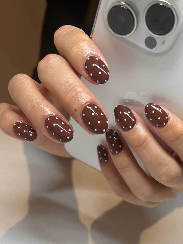 7. Chocolate Brown Short Nails with Minimal Dot Art - short brown nail ideas