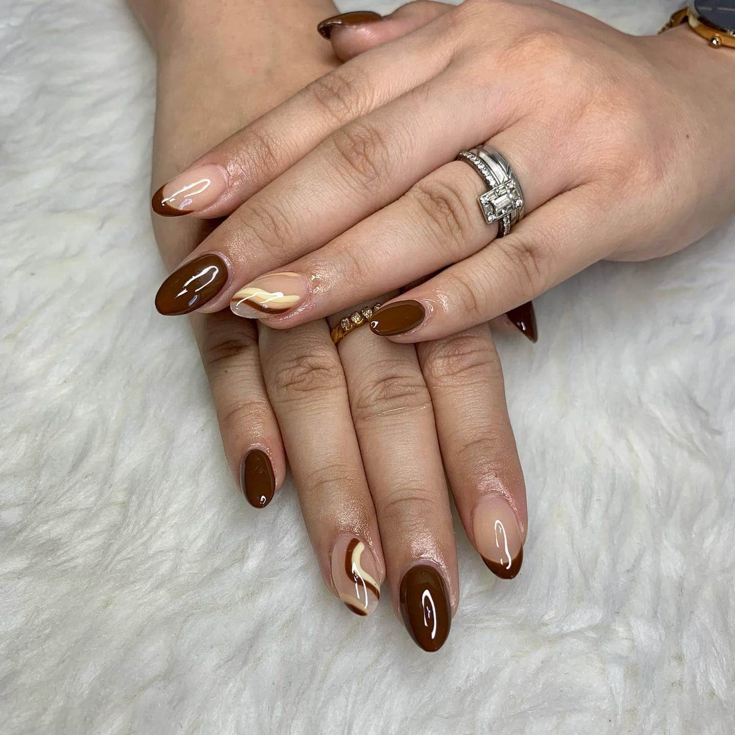 11. Mocha French Almond Nails - short brown nail ideas