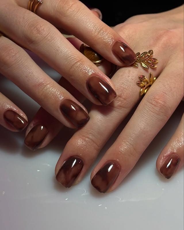 17. Glossy Chestnut Short Nails - short brown nail ideas