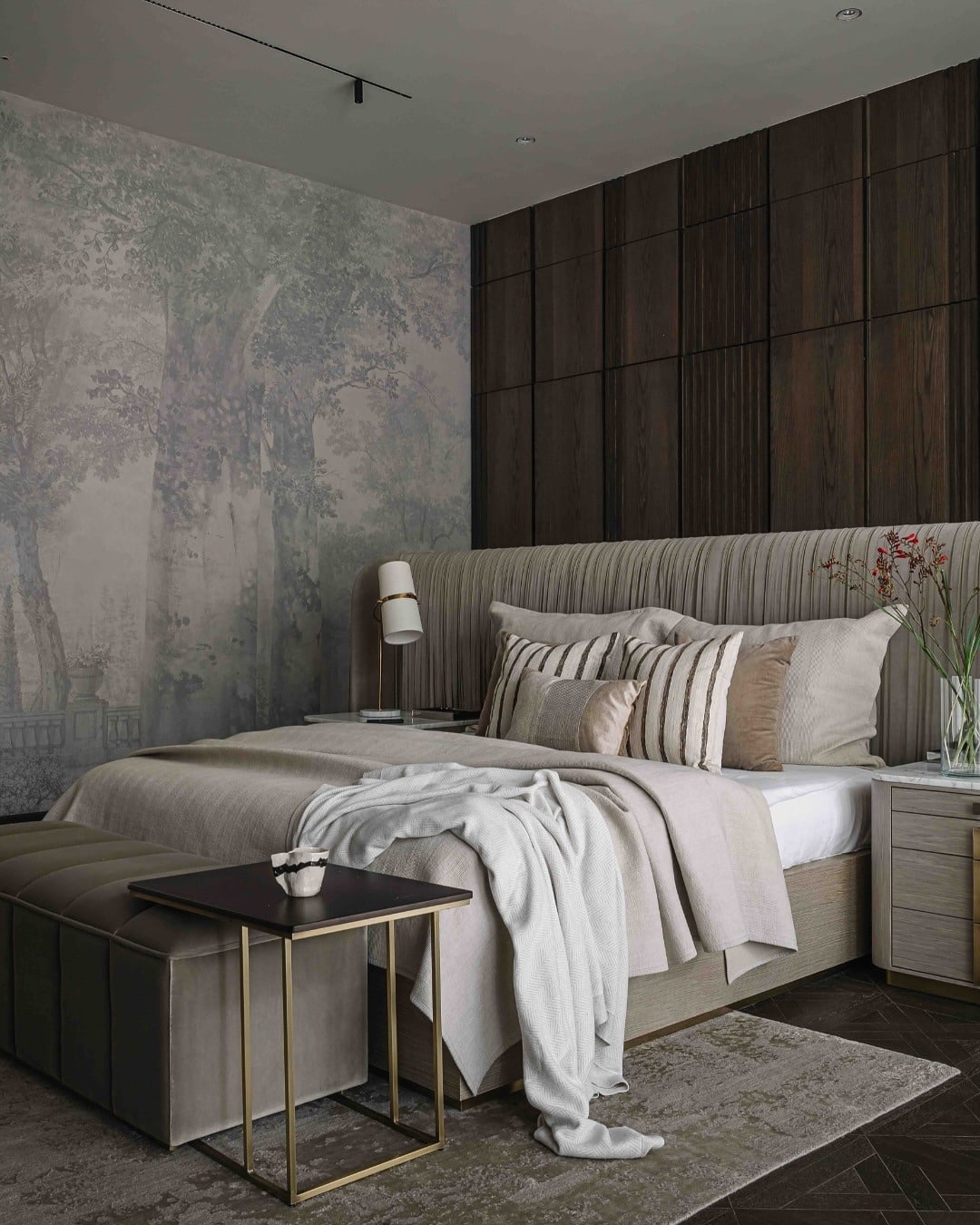 1. Soft Neutrals with Dark Wood Elegance - dark wood bedroom ideas