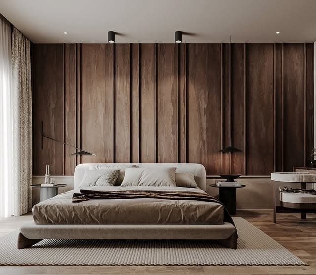 4. Warm Modern Bedroom with Vertical Wood Panels - dark wood bedroom ideas
