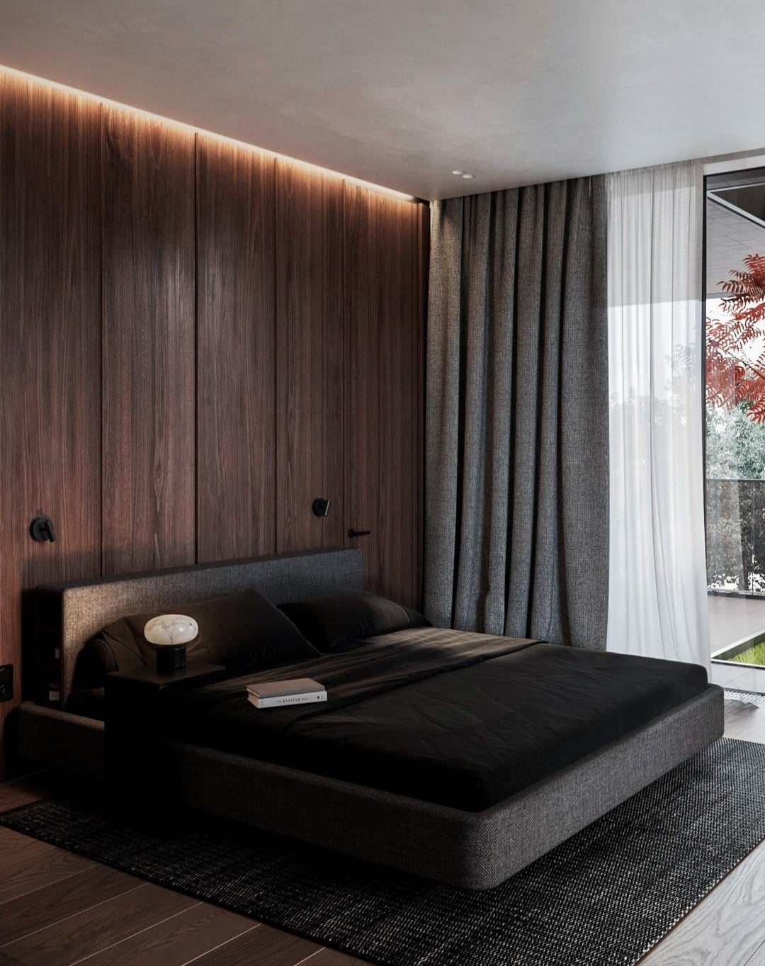 9. Moody Dark Wood Bedroom with Warm Lighting - dark wood bedroom ideas