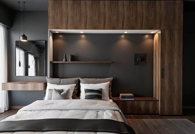 13. Modern Built-In Dark Wood Bedroom with Charcoal Accents - dark wood bedroom ideas