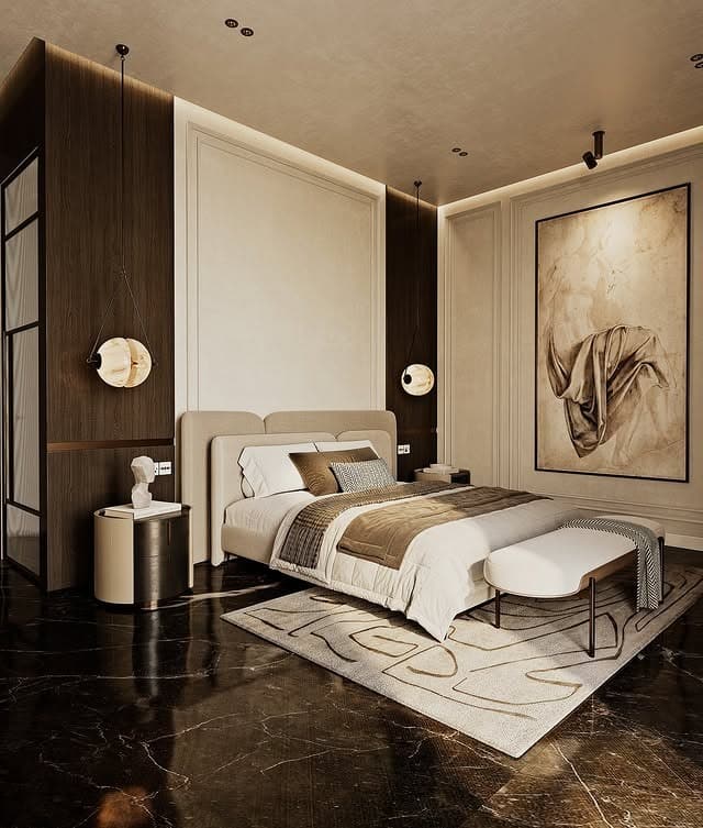 14. Elegant Dark Wood Bedroom with Stone and Soft Beige Layers - dark wood bedroom ideas