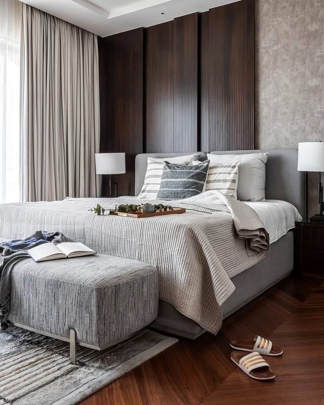 16. Vertical Dark Wood Feature Wall with Subtle Contrast - dark wood bedroom ideas