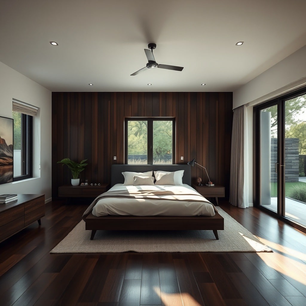17. Contemporary Dark Wood Bedroom with Natural Light Focus - dark wood bedroom ideas