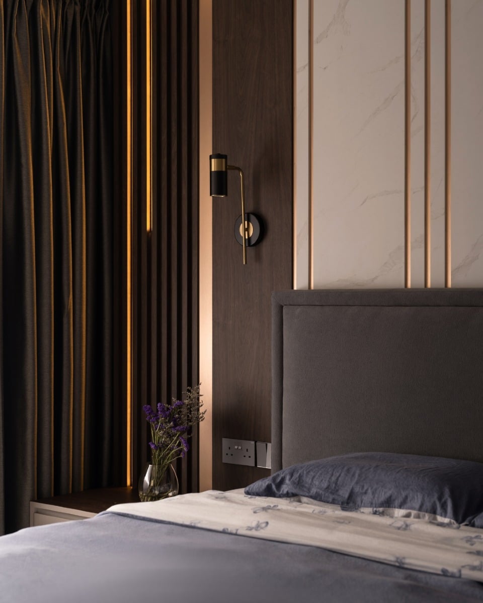 18. Dark Wood Accent Wall with Warm Integrated Lighting - dark wood bedroom ideas