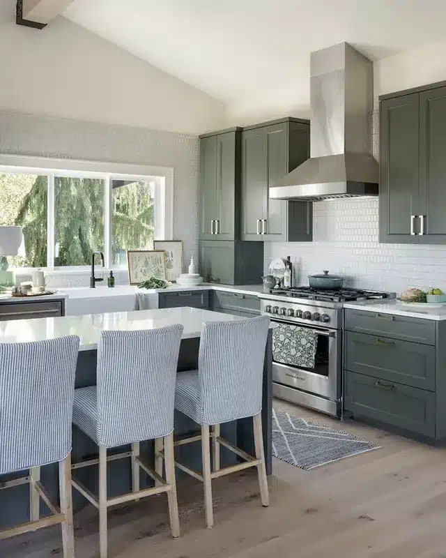 4. Slate Green Cabinets with Clean Contemporary Lines - kitchen cabinet color ideas