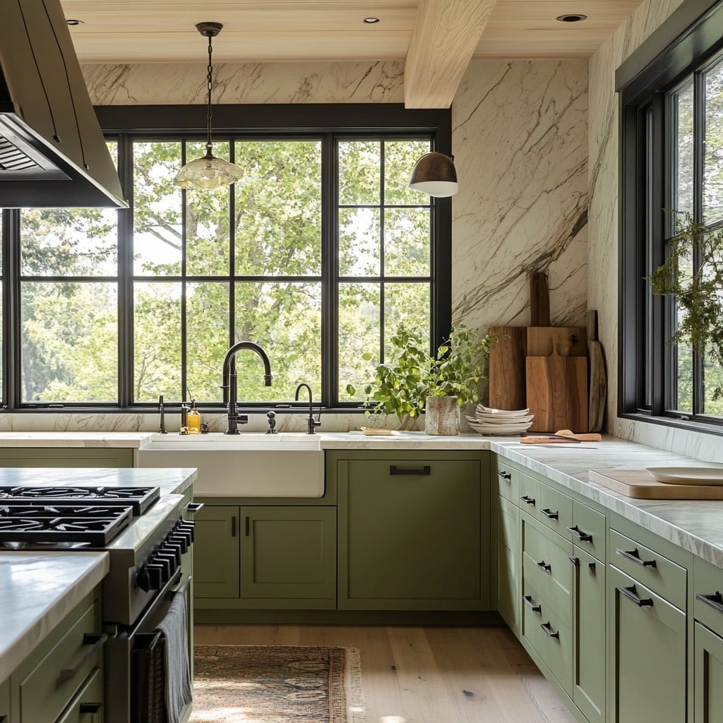 6. Classic Green Cabinets with Natural Stone Backdrop - kitchen cabinet color ideas