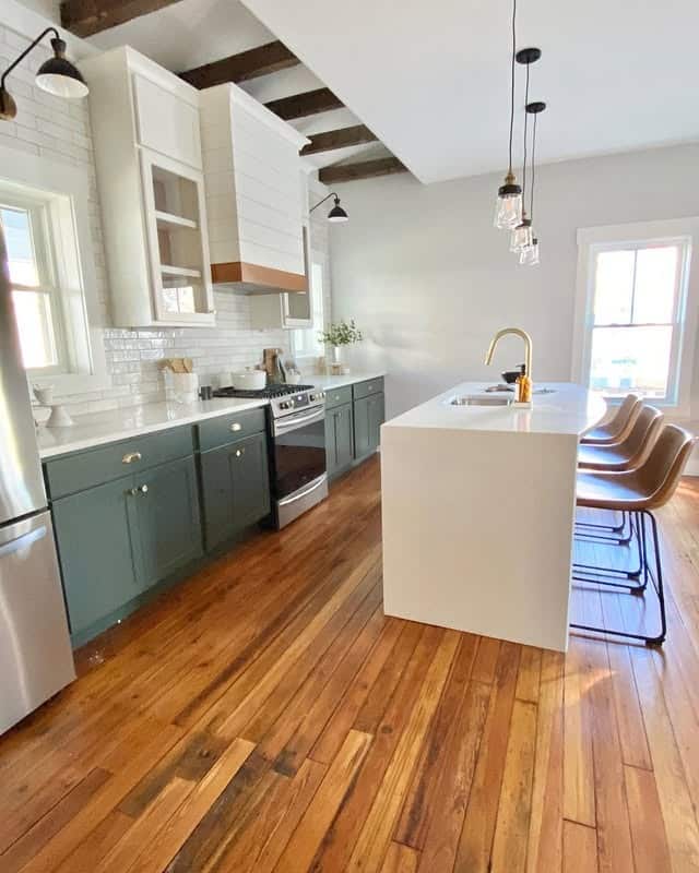 10. Two-Tone Green and White Cabinets with Rustic Touches - kitchen cabinet color ideas
