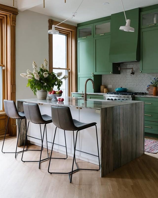 11. Deep Green Cabinets with Warm Wood Contrast - kitchen cabinet color ideas