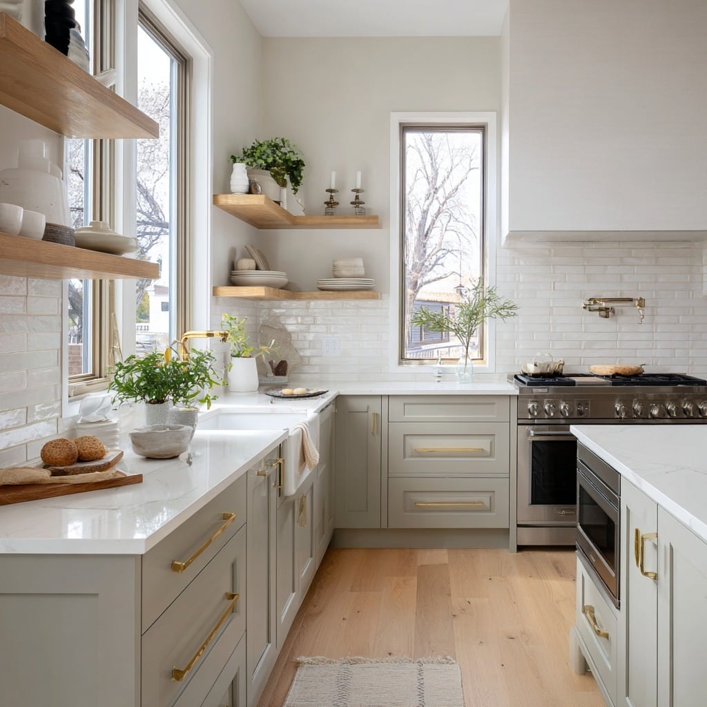 13. Soft Greige Cabinets with Brass Accents - kitchen cabinet color ideas